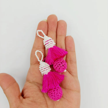 Fuchsia Pink Crochet Ball Tassels With White Pearls Beads, Tassel Charms, Nylon Tassels x 2